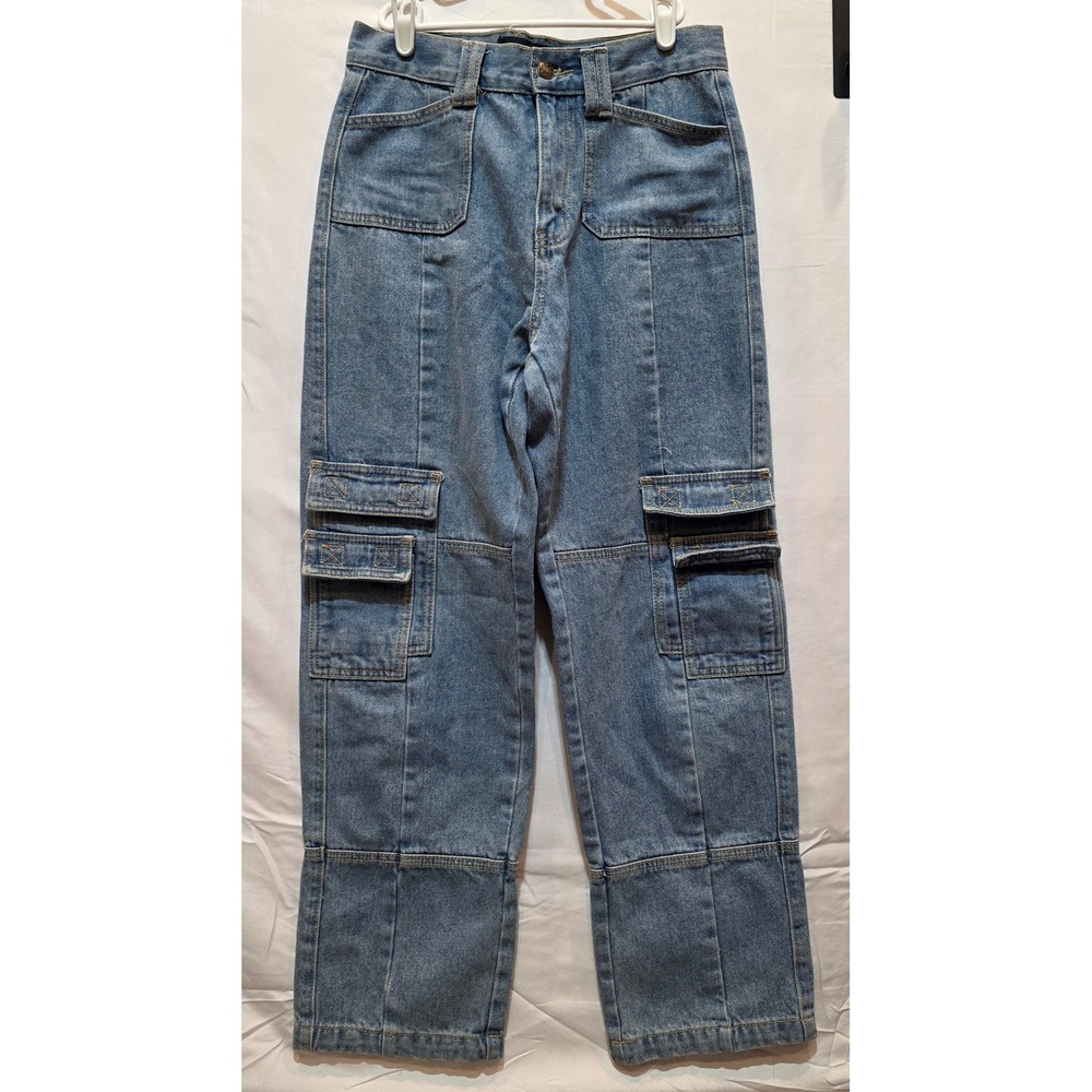 Lioness Women Blue Cargo Jeans Light Wash Straight Wide Leg Utility Pants Size M